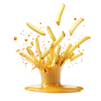 French fries splashing in golden sauce, isolated on a transparent background with dynamic action and vibrant colors, French fries splashing isolated png