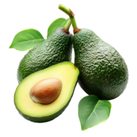 Fresh avocados with vibrant green skin and sliced half displaying seed on transparent background, Avocadoisolated on transparent background png