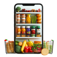 A modern online grocery shopping app displaying fresh produce and canned goods on a smartphone, file no background Online grocery shopping app on smartphone png