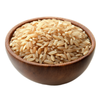 A closeup of brown rice in a wooden bowl isolated on a transparent background showcasing its natural texture and color, brown rice isolated on transparent background png