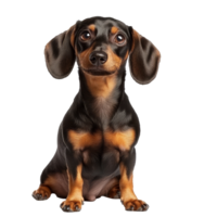 Adorable sausage dog sitting upright and looking curiously against a plain transparent background, sausage dog isolated on transparent background png