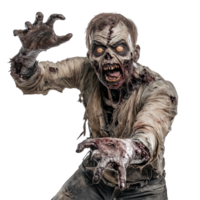 A terrifying zombie lunges forward to catch its unsuspecting victim in a darkened, eerie setting at night, Scary Zombie about to catch his victim isolated on transparent background png