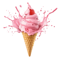 Delicious strawberry ice cream cone splashing on a bright transparent background, Strawberry Ice Cream Cone with Splash on transparent background png