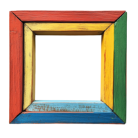 A vibrant wooden picture frame in bright colors resting on a smooth transparent surface against a transparent background, colorful wooden picture frame isolated png