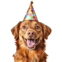 Joyful dog wearing a colorful party hat celebrates with a big smile against a plain transparent background, Happy Dog with Party Hat on transparent background png