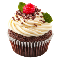Delicious chocolate cupcake topped with cream frosting, raspberries, and chocolate shavings against a transparent background, fresh cup cake isolated on transparent background png