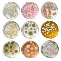 Exploring diverse bacterial colonies in petri dishes during a microbiology study, Different types of bacterial colonies in petri dish over transparent background png