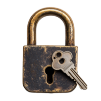 A closeup view of an old padlock with a key resting beside it on a clean transparent background, Padlock key lock on transparent backgroundfile png