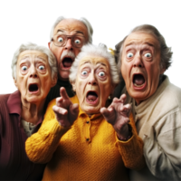 Group of surprised elderly individuals expressing fear and shock in a bright setting, group of scared surprised old people, file of isolated object on transparent background png