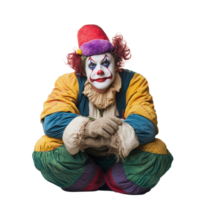 A colorful clown crouches in a playful pose, bringing joy to a transparent background with vibrant attire and a friendly expression, clown isolated on transparent background png
