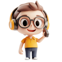 Cartoon character representing a call center agent using a headset during customer service tasks, 3D Character Handling Call in Call Centre On transparent background png