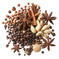 A vibrant arrangement of Chinese five spice blend on a transparent background featuring cinnamon, star anise, and other aromatic ingredients, chinese five spice transparent background png