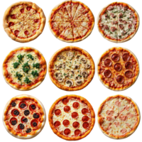A delightful collage featuring assorted pizzas ideal for any meal or gathering, Isolated collage of various types of pizza png