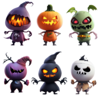 Colorful Halloween cartoon characters displaying spooky features on transparent background, 3D Halloween scary cartoon characters on transparent background png