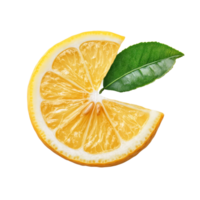Fresh lemon slice with vibrant green leaf showcased on a clean transparent background for culinary inspiration, Slice of lemon fruit with leaf isolated on transparent background png