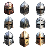 Medieval knight helmets displayed against a transparent background showcasing historical armor craftsmanship, Medieval Knight Helmets on transparent background png