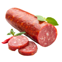Bologna sausage ham with chili sliced and presented on a transparent background, bologna sausage ham with chilli isolated on transparent backgroundfile png