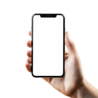 Hand holding a blank smartphone screen against a transparent background in a minimalistic setting, hand holding smartphone screen blank mobile on transparent background png
