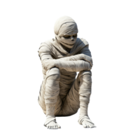 A solitary mummy wrapped in bandages sits crouched on the ground in a chilling display of ancient mystique, scary mummy wrapped in bandages, file of isolated object with shadow on transparent png