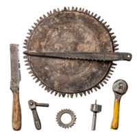 Collection of hand tools including a saw and a saw blade for woodworking tasks on a transparent background, Saw blade with work tools isolated png