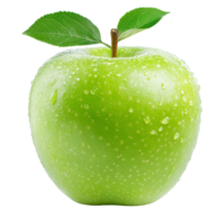 Fresh green apple with dew drops and leaf isolated on transparent background, highlighting its vibrant color and texture, fresh green apple isolated on transparent background png