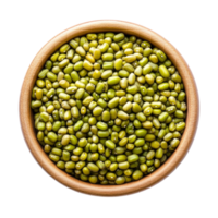 Peeled split mung beans in a wooden bowl on a clean transparent background showing their vibrant green color and texture, peeled split mung beans in a bowl isolated on transparent background png