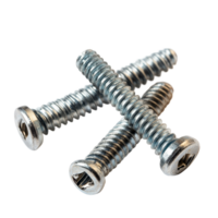 Three metal screws arranged in a crisscross pattern on a transparent background, three screws isolated on a transparent background png