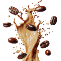 Coffee beans splash dramatically into a swirling cascade of coffee against a transparent background, showcasing movement and rich textures, Coffee beans splashing isolated png