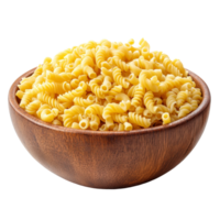 A rustic wooden bowl filled with raw macaroni gomiti pasta, perfect for a cozy cooking experience, Pile of raw Macaroni Gomiti Pasta in wood bowl isolated on transparent background png