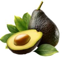 Fresh avocado surrounded by green leaves on a transparent transparent background, Avocado isolated on trransparent png