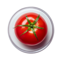 Red ripe tomato resting on a petri dish with essence, captured in a minimalistic transparent setting, Red tomato with essence on petri dish over transparent background png