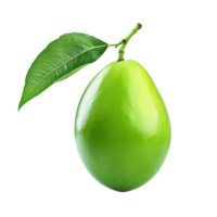 Fresh green mango with a vibrant leaf isolated on a clean transparent background ready for culinary use and health benefits, green mango with leaf isolated on transparent background png