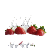 Fresh strawberries in a dynamic milk splash isolated against a dark background, Milk splash with strawberries isolated png