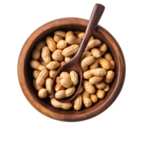 Peanuts in a wooden bowl with a spoon against a transparent background, perfect for healthy snacking or culinary decoration, peanuts in wood bowl and spoon isolated on transparent background png