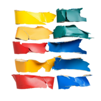 Colorful torn tape strips arranged artfully on a transparent background showcasing creativity and texture, Different colors of torn tape on a transparent background png
