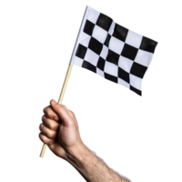 Hand holding a checkered flag against a plain transparent background, symbolizing victory in racing and competition, hand holding a checkered flag isolated on transparent background png