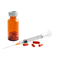 Medical syringe and pill bottle with red capsules isolated on a transparent background for health and wellness concepts, pill and bottle and plastic syringe isolated on transparent background png