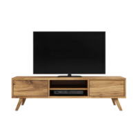 Modern rectangular TV stand with drawers and flat screen display in a minimalistic setting, TV Stand Rectangular or SquareShaped, Flat Screen Isolated on transparent Background png