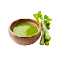 Freshly extracted celery juice in a wooden bowl accompanied by fresh celery stalks on a clean transparent background, Celery juice in wood bowl isolated on transparent background png