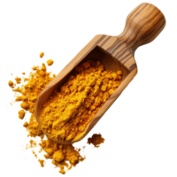 Turmeric powder in a wooden scoop isolated against a transparent background for culinary and health uses, turmeric powder in wood scoop isolated on transparent background png