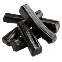 Delicious liquorice sticks arranged on a transparent background, showcasing their glossy texture and deep black color, liquorice on transparent background png