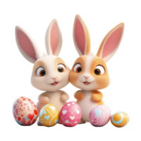 fofa desenho animado Páscoa coelhos com colorida ovos crio uma festivo atmosfera em uma transparente fundo, 3d desenho animado Páscoa coelhos com ovos em transparente fundo png