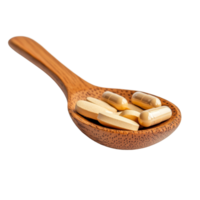 Pills in wooden spoon on a transparent background highlighting natural health and wellness remedies, pills in wood spoon on transparent background png