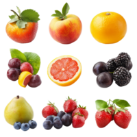 A vibrant assortment of fresh fruits in a variety of colors and shapes arranged on a clean transparent background, Various type of fruits isolated png