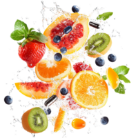 Fresh fruit splash featuring a variety of vitamins and multivitamins isolated on a clean transparent background, multi vitamin fruit splash isolated on transparent background png