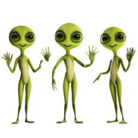 Three cheerful alien characters waving joyfully on a transparent background in a whimsical setting, Alien Characters Waving on transparent background png