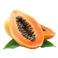 Half ripe papaya with seeds and green leaf isolated on a clean transparent background for culinary and health uses, half ripe papaya with leaf isolated on transparent background png