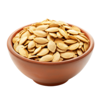 A natural bowl of roasted pumpkin seeds isolated on a transparent background ready for snacking or cooking, Pumpkin seeds in a bowl isolated on transparent background png