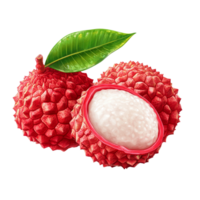 Fresh lychee tropical fruit with a green leaf isolated on a clean transparent background, Lychee tropical fruit isolated on transparent background png