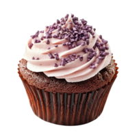 Delicious chocolate cupcake with pink frosting and sprinkles on a transparent background, Delicious Cupcake isolated on transparent background for Design Use png